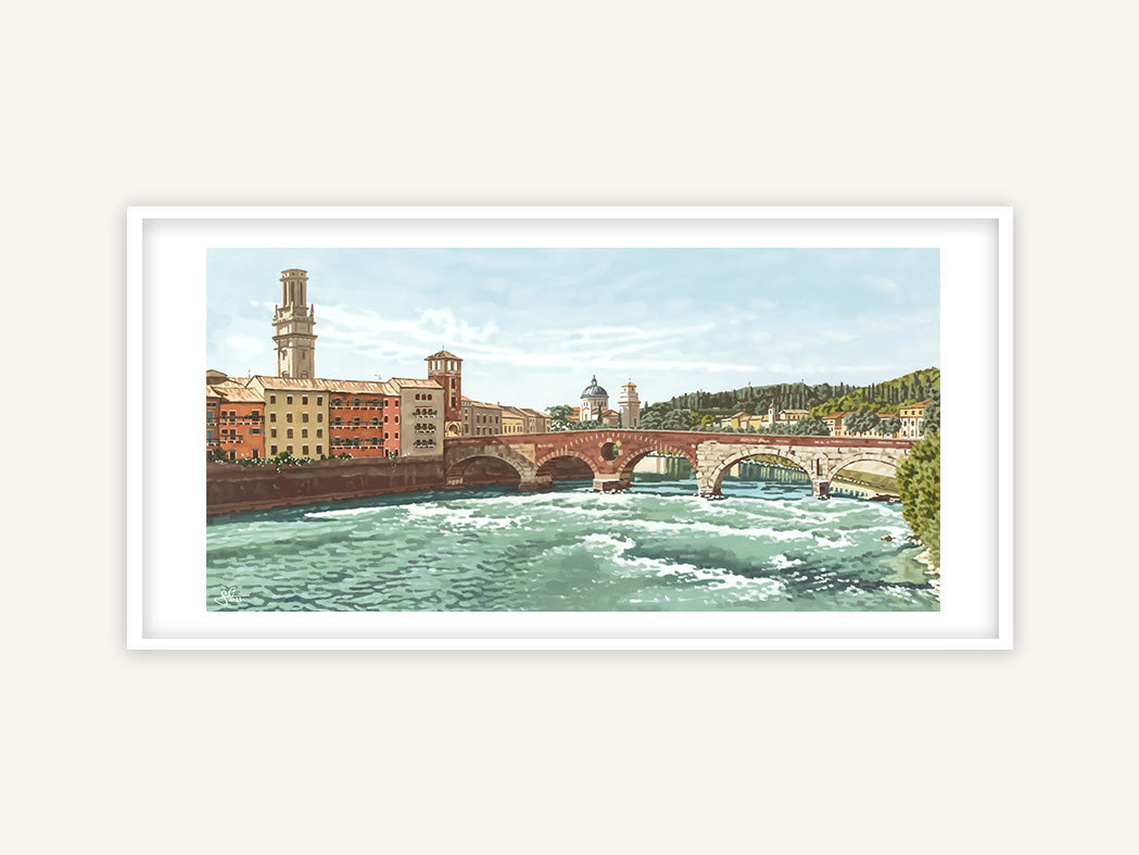 Ponte Pietra Verona, historische Brücke italienischer Kunstdruck, mediterranes Gemälde mit weißem Rahmen und Passepartout