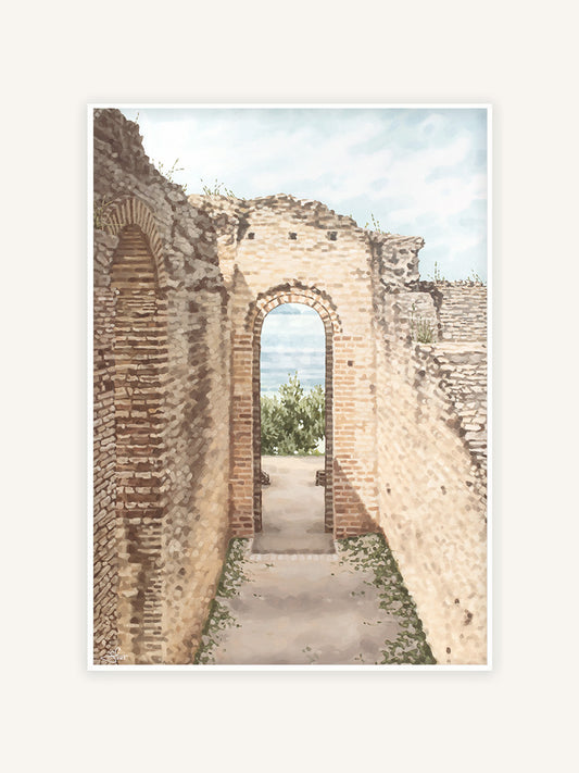 römische Palastruine, italienischer Kunstdruck, mediterranes Gemälde mit weißem Rahmen