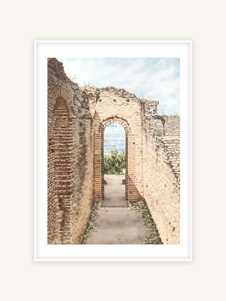 römische Palastruine, italienischer Kunstdruck, mediterranes Gemälde mit weißem Rahmen und Passepartout