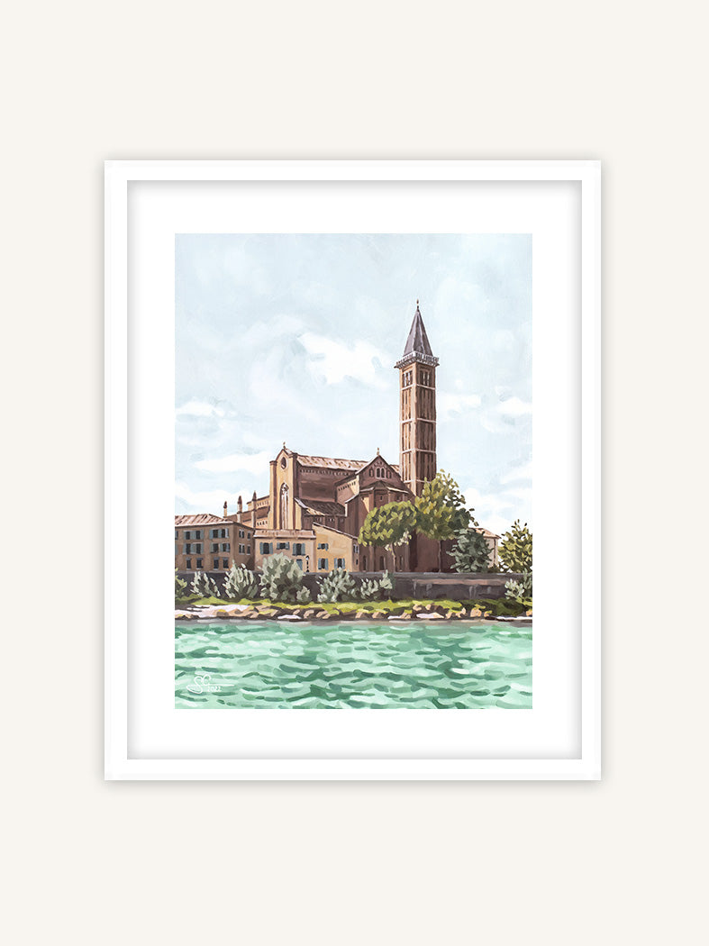 Verona gotische Basilika Sant'Anastasia, Italien Architektur Kunstdruck, Italien Poster in weißem Rahmen mit Passepartout