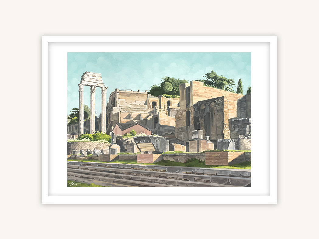 Forum Romanum Rom, antike Ruinen Kunstdruck, mediterranes Gemälde in weißem Rahmen mit Passepartout