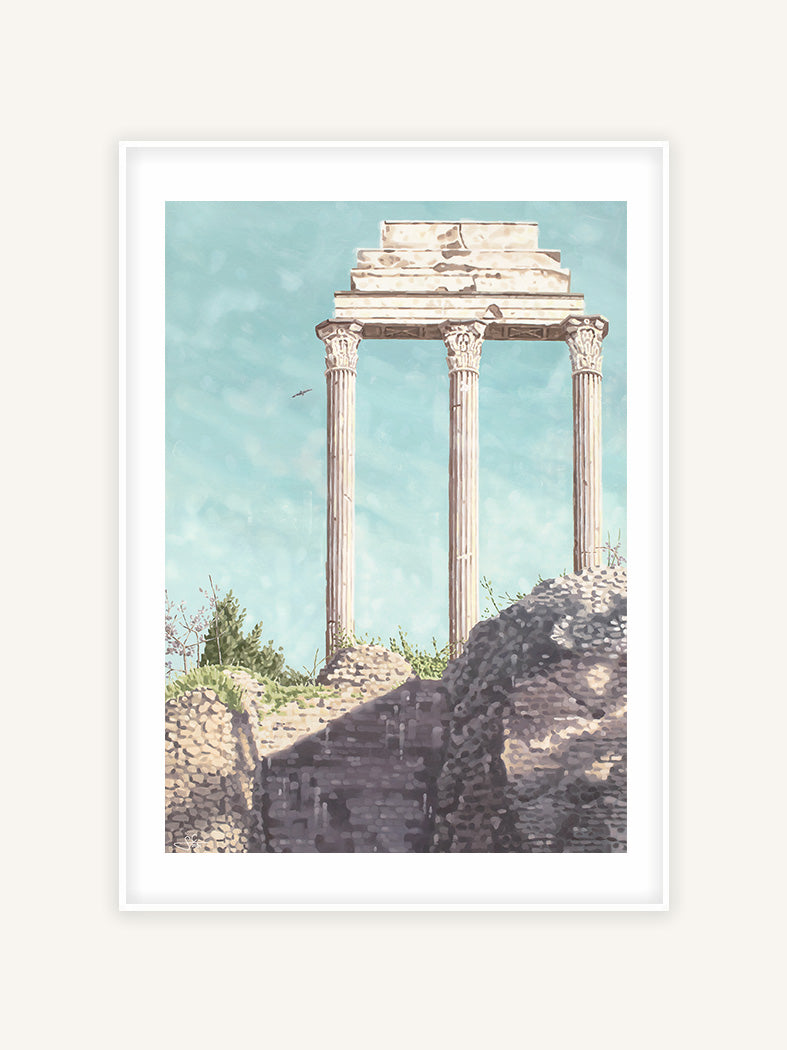 Dioskurentempel in Rom, italienischer Kunstdruck, mediterranes Gemälde mit weißem Rahmen und Passepartout