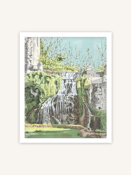 Wasserfall in Tivoli Villa d'Este, italienischer Kunstdruck, mediterranes Gemälde mit weißem Rahmen
