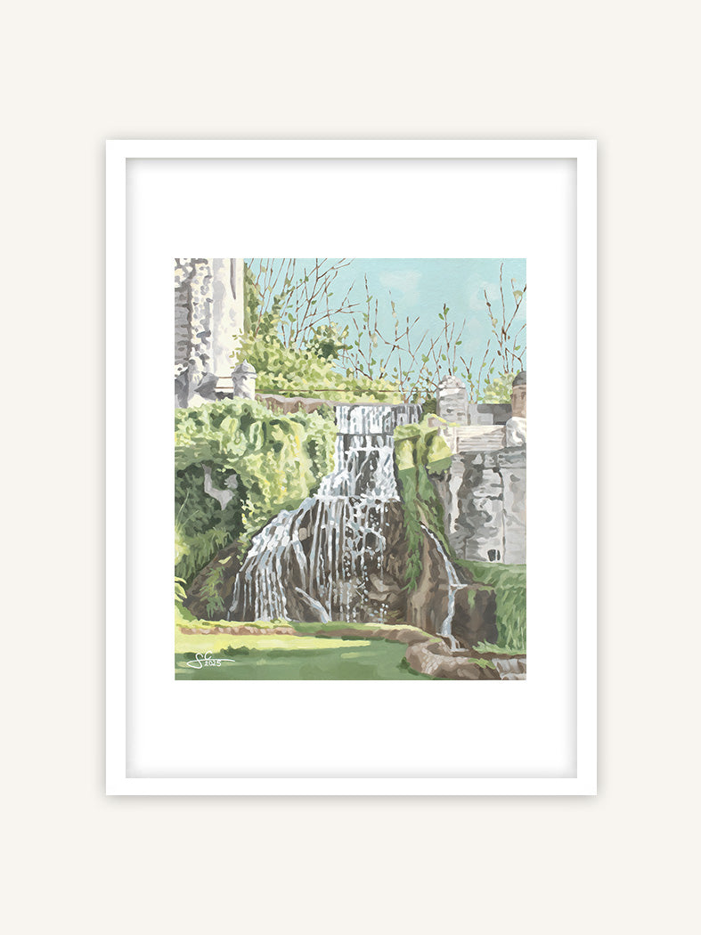 Wasserfall in Tivoli Villa d'Este, italienischer Kunstdruck, mediterranes Gemälde mit weißem Rahmen und Passepartout