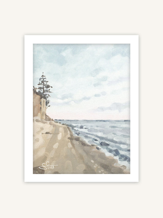 Strand Wandbild mit Dämmerungslicht, melancholische Küstenlandschaft, handgemaltes Ölgemälde in weißem Rahmen