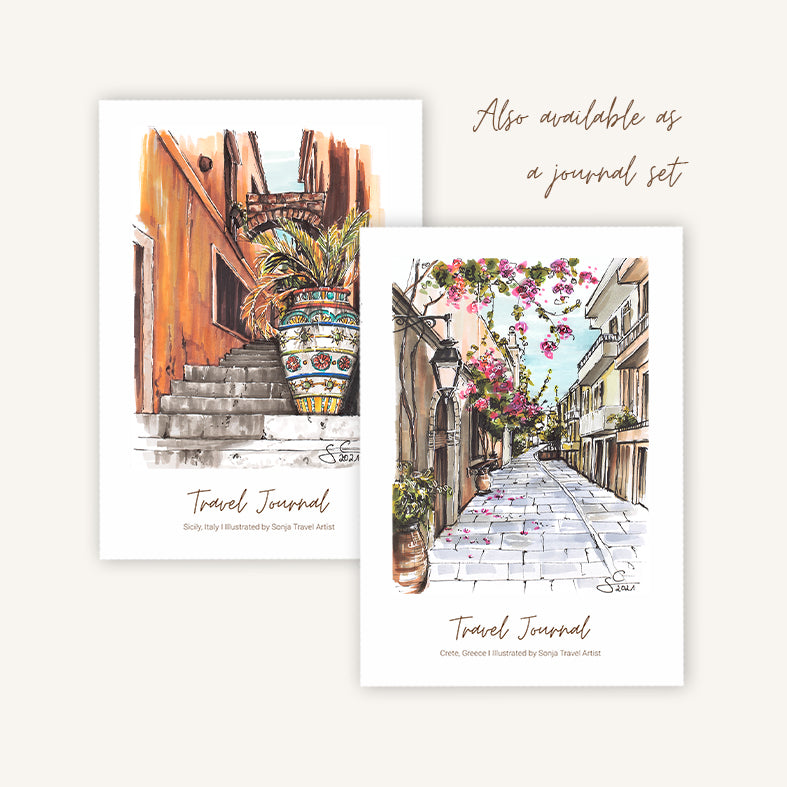 Mediterranean travel journal bundle featuring illustrations of Crete and Sicily