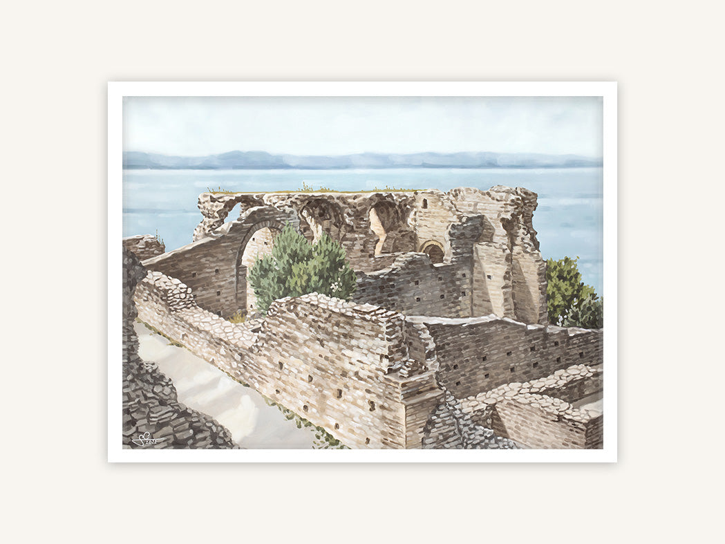 Grotten des Catull Gardasee, historische Stätte Kunstdruck, mediterranes Gemälde mit weißem Rahmen