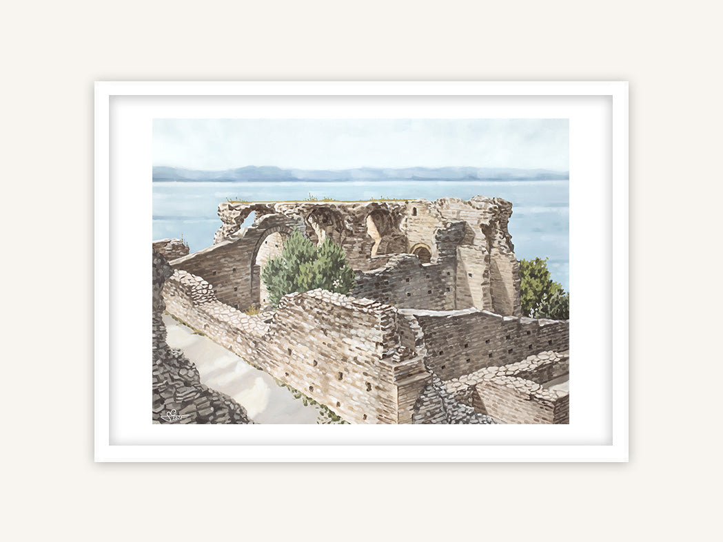 Grotten des Catull Gardasee, historische Stätte Kunstdruck, mediterranes Gemälde in weißem Rahmen und Passepartout