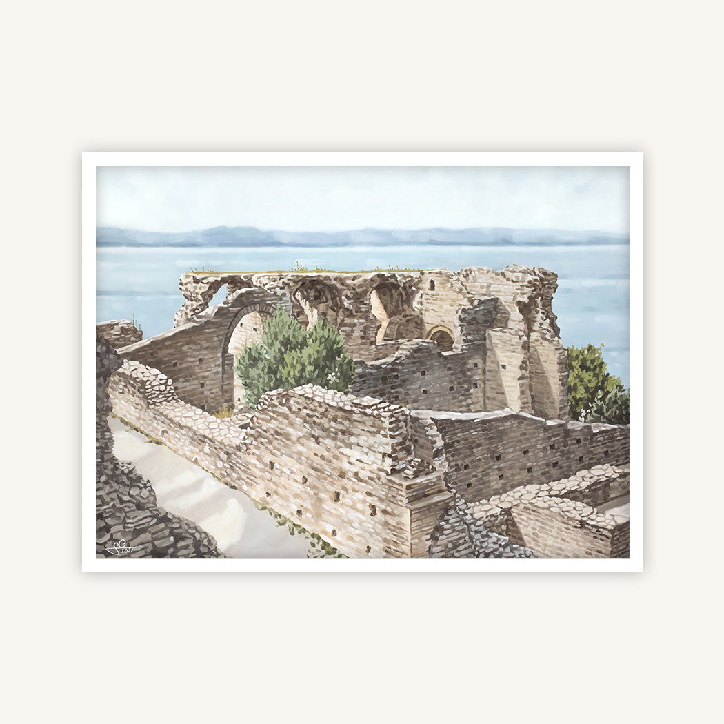 Grottoes of Catullus overlooking Lake Garda and distant mountains on a foggy day, fine art print