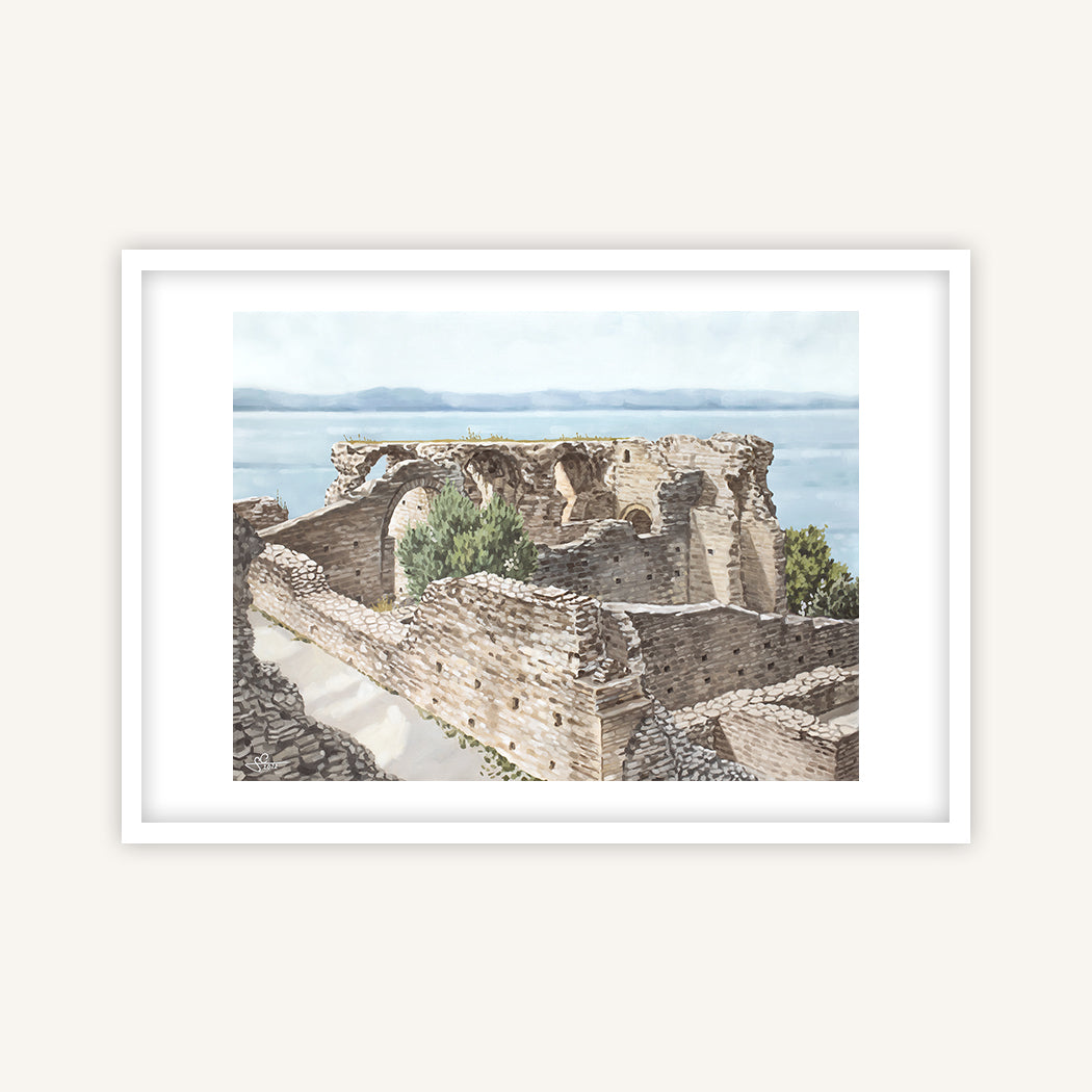 Grottoes of Catullus overlooking Lake Garda and distant mountains on a foggy day, fine art print