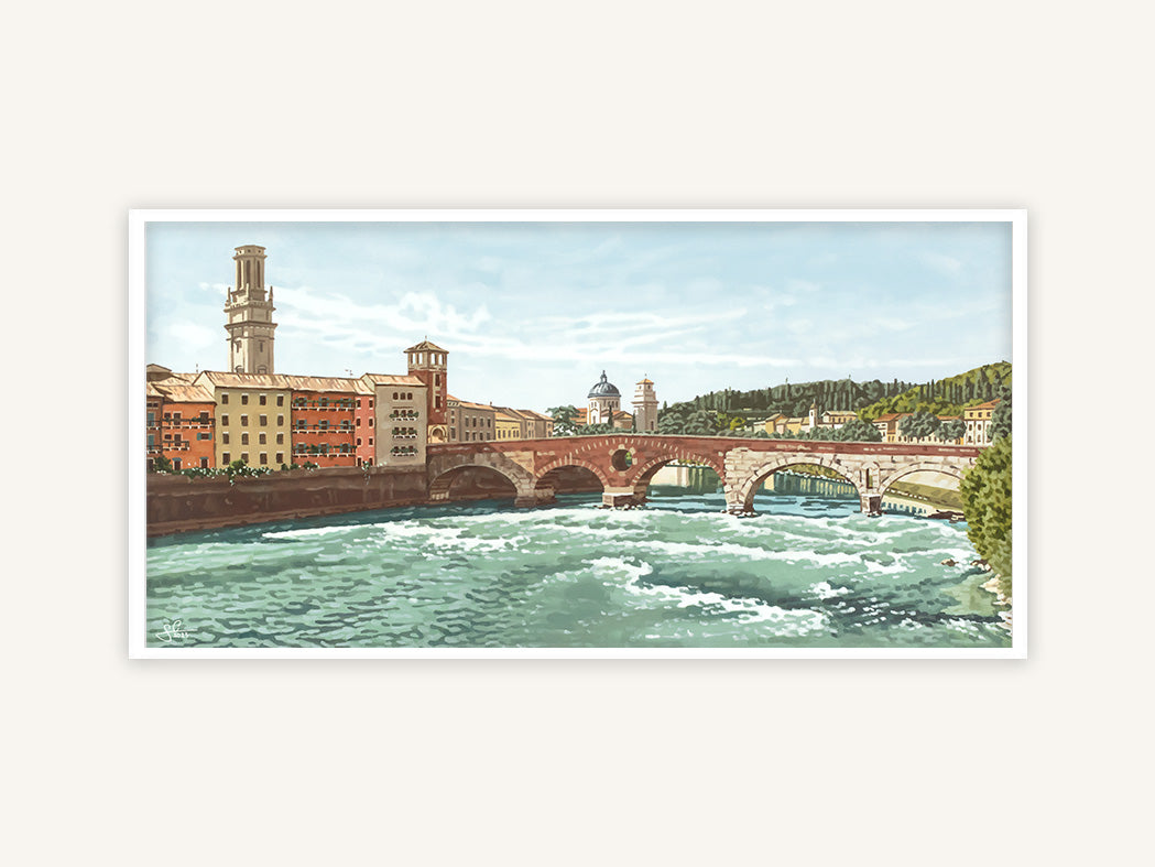 Ponte Pietra Verona, historische Brücke italienischer Kunstdruck, mediterranes Gemälde mit weißem Rahmen