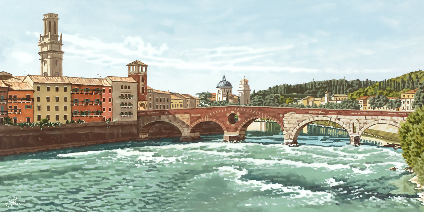 Ponte Pietra Verona, historische Brücke italienischer Kunstdruck, mediterranes Gemälde