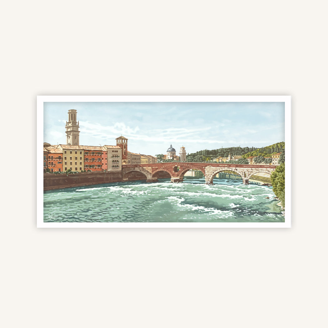 Verona city panorama with Ponte Pietra bridge and Adige river, fine art print