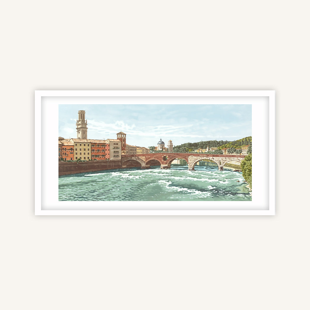 Verona city panorama with Ponte Pietra bridge and Adige river, fine art print