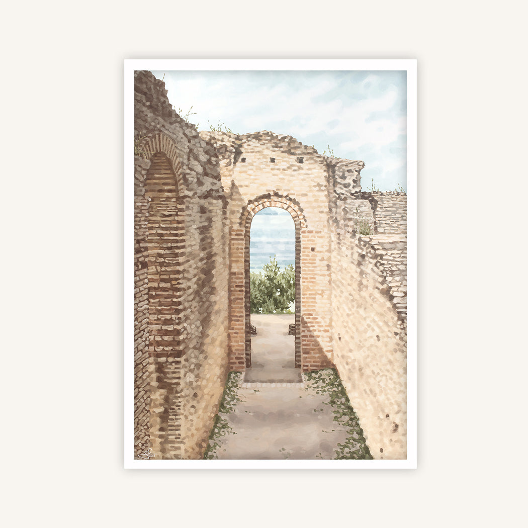 Lake Garda Grottoes of Catullus passageway opening up to tranquil waters, fine art print