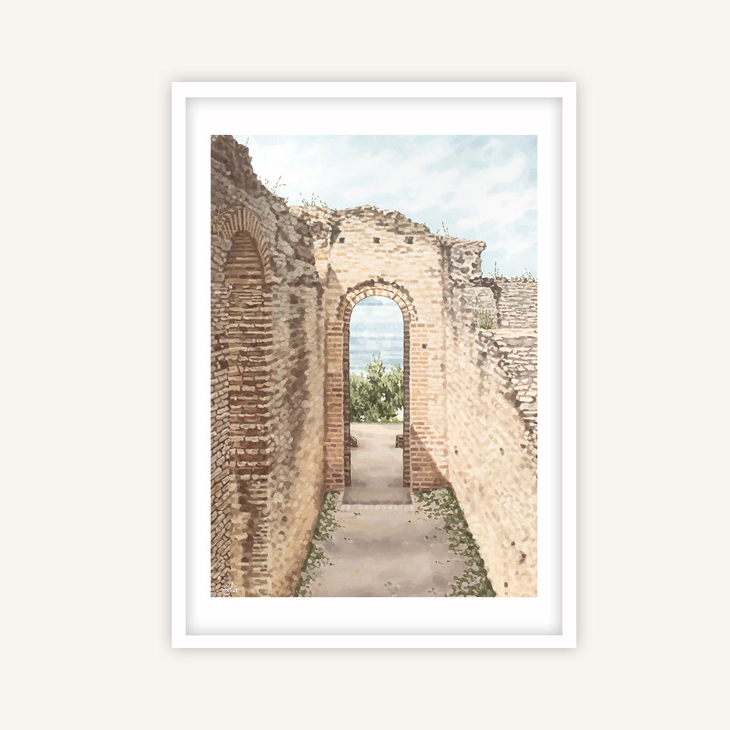 Lake Garda Grottoes of Catullus passageway opening up to tranquil waters, fine art print