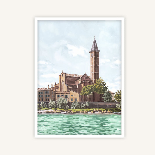 Verona art print, city view with historic Italian architecture
