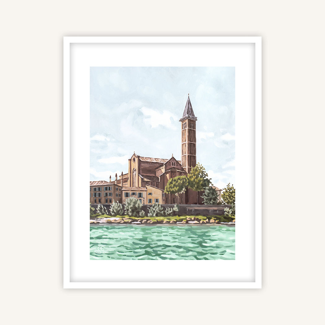 Verona city view with historic Italian architecture and Adige river, fine art print