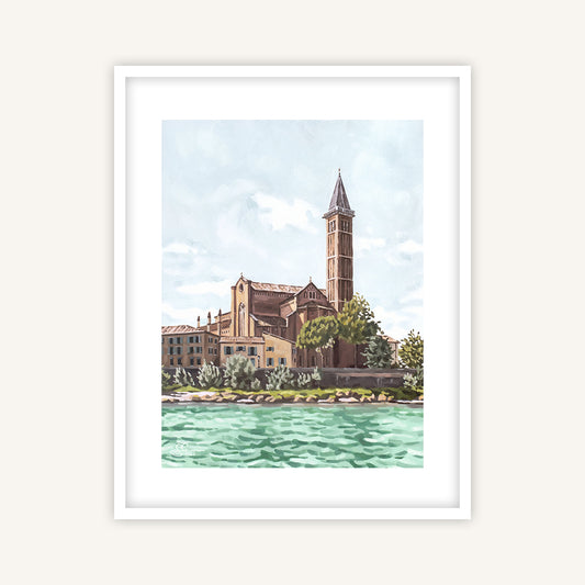 Verona art print, city view with historic Italian architecture