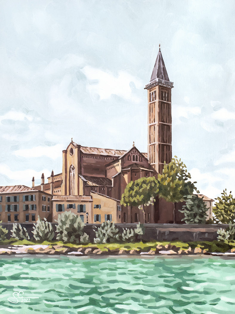 Verona gotische Basilika Sant'Anastasia, Italien Architektur Kunstdruck, mediterranes Gemälde