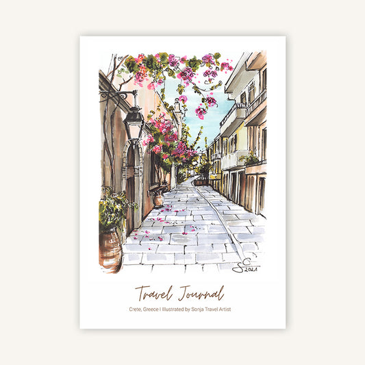 Reisetagebuch Griechenland mit handgezeichneter Illustration einer griechischen Straße mit Bougainvillea