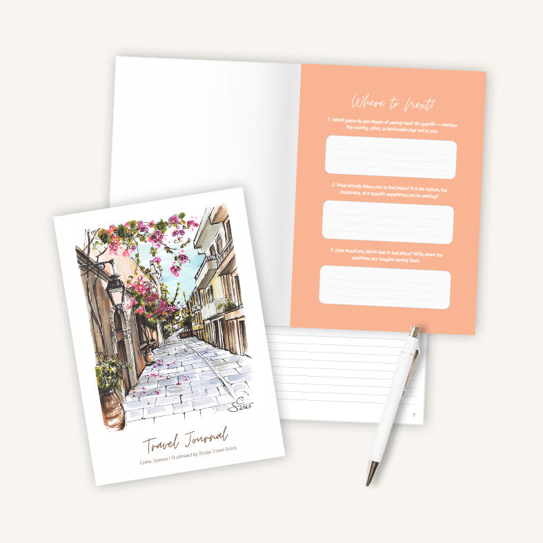 Aufgeschlagenes Reisetagebuch Greichenland mit reiseinspirierten Prompts und linierten Seiten
