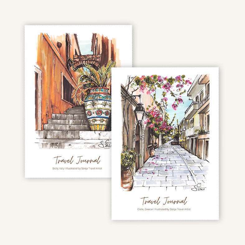 Mediterranean Life Reisetagebuch Duo Set mit Illustrationen aus Sizilien und Kreta
