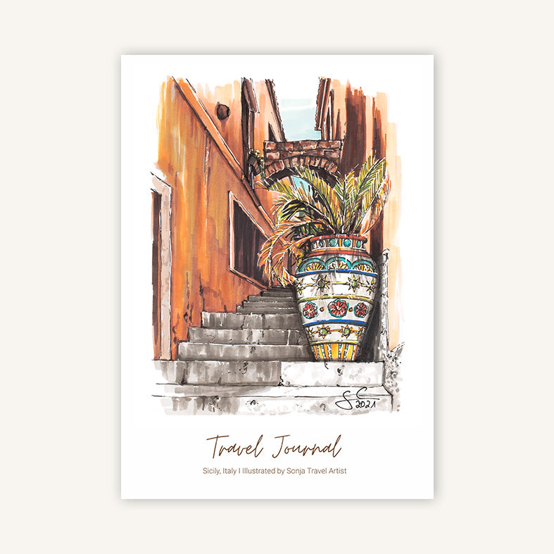 Reisetagebuch Italien mit handgezeichneter Illustration einer sizilianischen Straße mit bemalter Vase