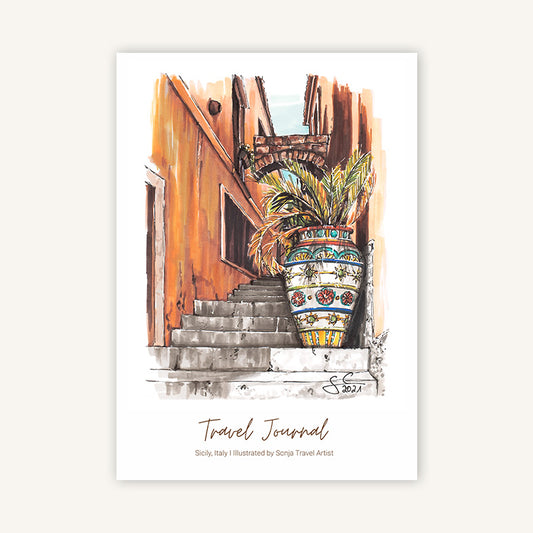 Reisetagebuch Italien mit handgezeichneter Illustration einer sizilianischen Straße mit bemalter Vase