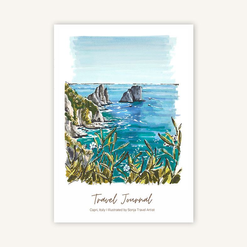 Reisetagebuch Italien mit handgezeichneter Illustration der Faraglioni-Felsen auf Capri
