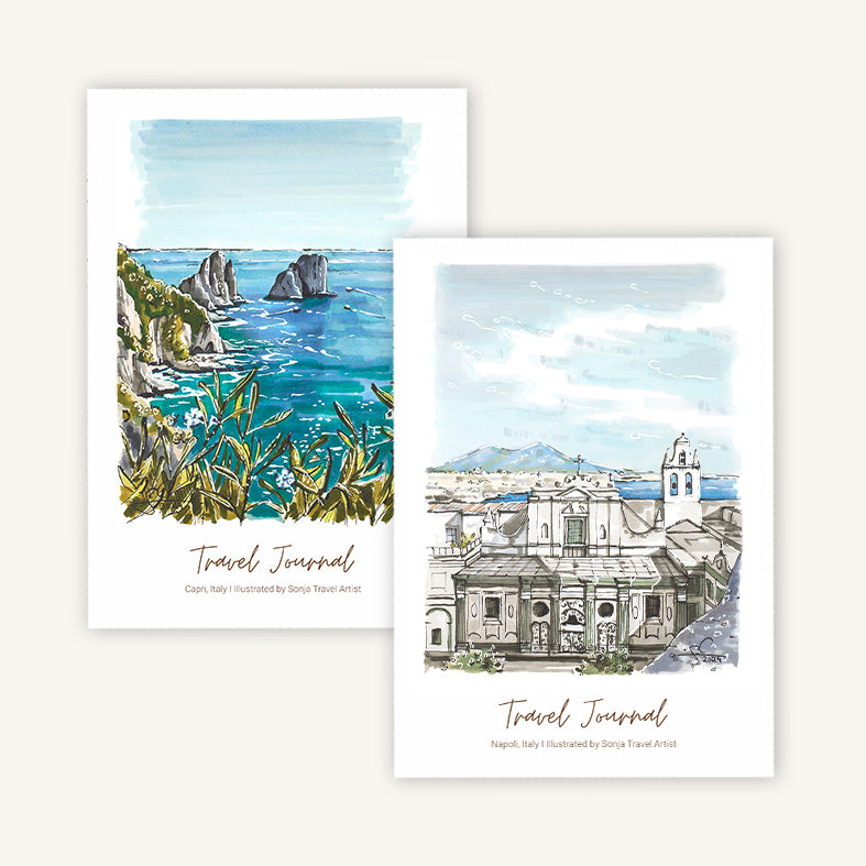 Sea Vacation Reisetagebuch Duo Set mit Illustrationen vom Golf von Neapel und den Faraglioni auf Capri