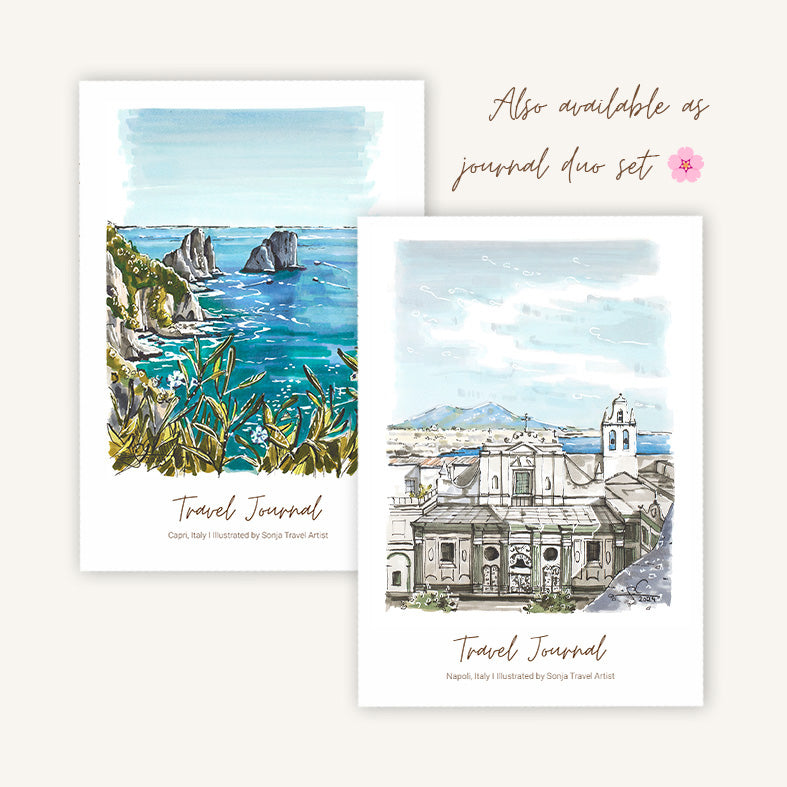 Sea Vacation Reisetagebuch Duo Set mit Illustrationen vom Golf von Neapel und den Faraglioni auf Capri

