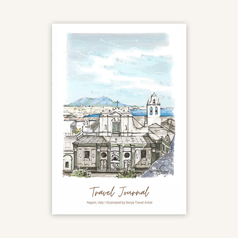 Reisetagebuch Italien mit handgezeichneter Illustration der Aussicht auf den Golf von Neapel
