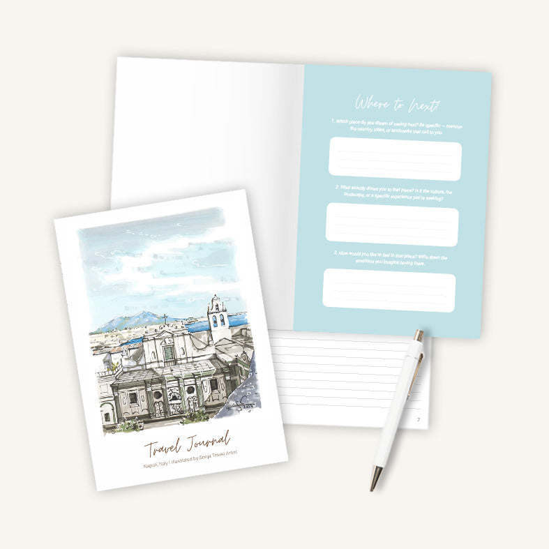 Aufgeschlagenes Reisetagebuch Italien mit reiseinspirierten Prompts und linierten Seiten