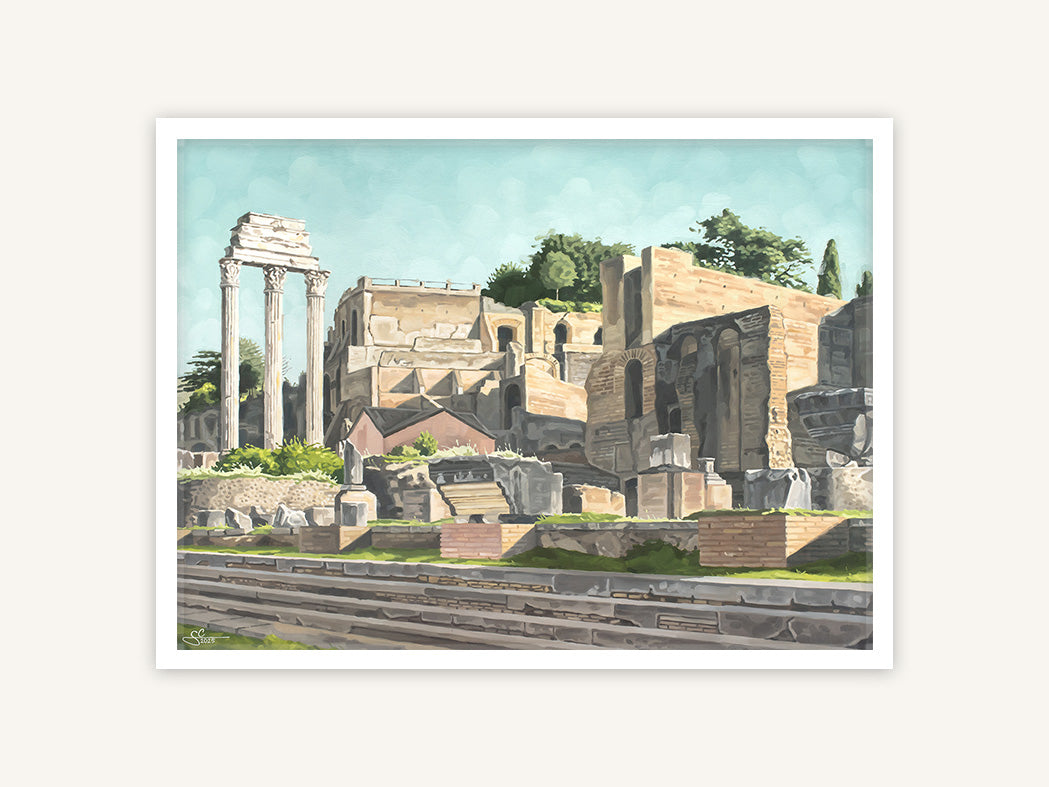 Forum Romanum Rom, antike Ruinen Kunstdruck, mediterranes Gemälde in weißem Rahmen