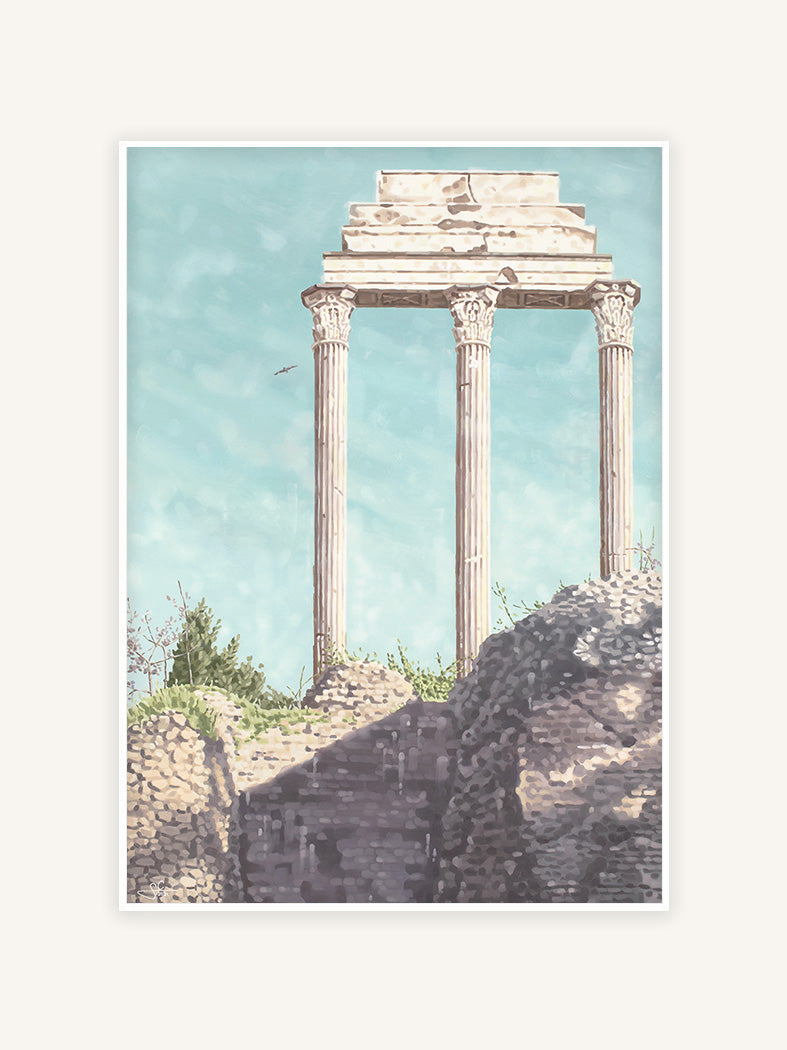 Dioskurentempel in Rom, italienischer Kunstdruck, mediterranes Gemälde mit weißem Rahmen