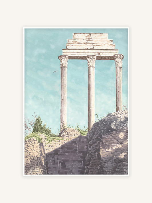 Dioskurentempel in Rom, italienischer Kunstdruck, mediterranes Gemälde mit weißem Rahmen