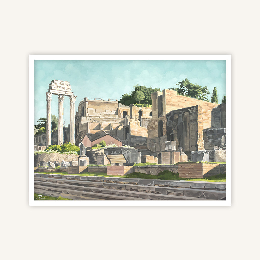 Rome fine art print featuring the Roman Forum in spring with temples and historic landmarks