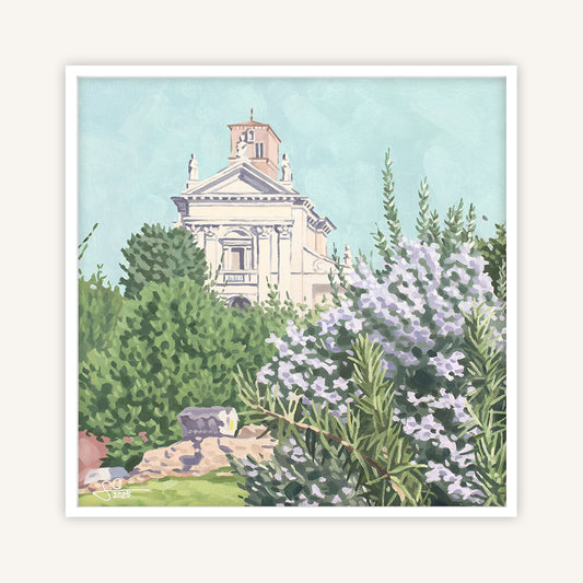 Rome art print featuring a Baroque church and rosemary blossoms
