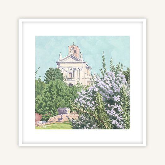 Rome art print featuring a Baroque church and rosemary blossoms