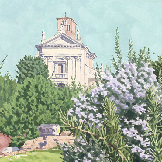 Rosmarinblüten im Forum Romanum, italienischer Kunstdruck, mediterranes Gemälde