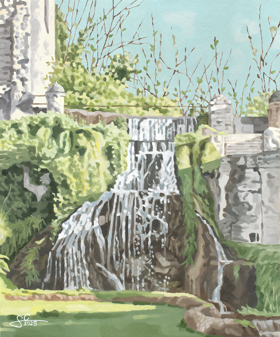 Wasserfall in Tivoli Villa d'Este, italienischer Kunstdruck, mediterranes Gemälde