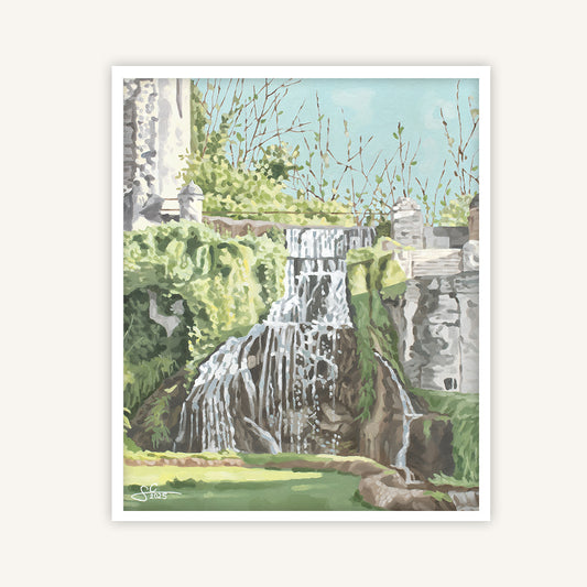 Rome art print featuring a waterfall in Tivoli
