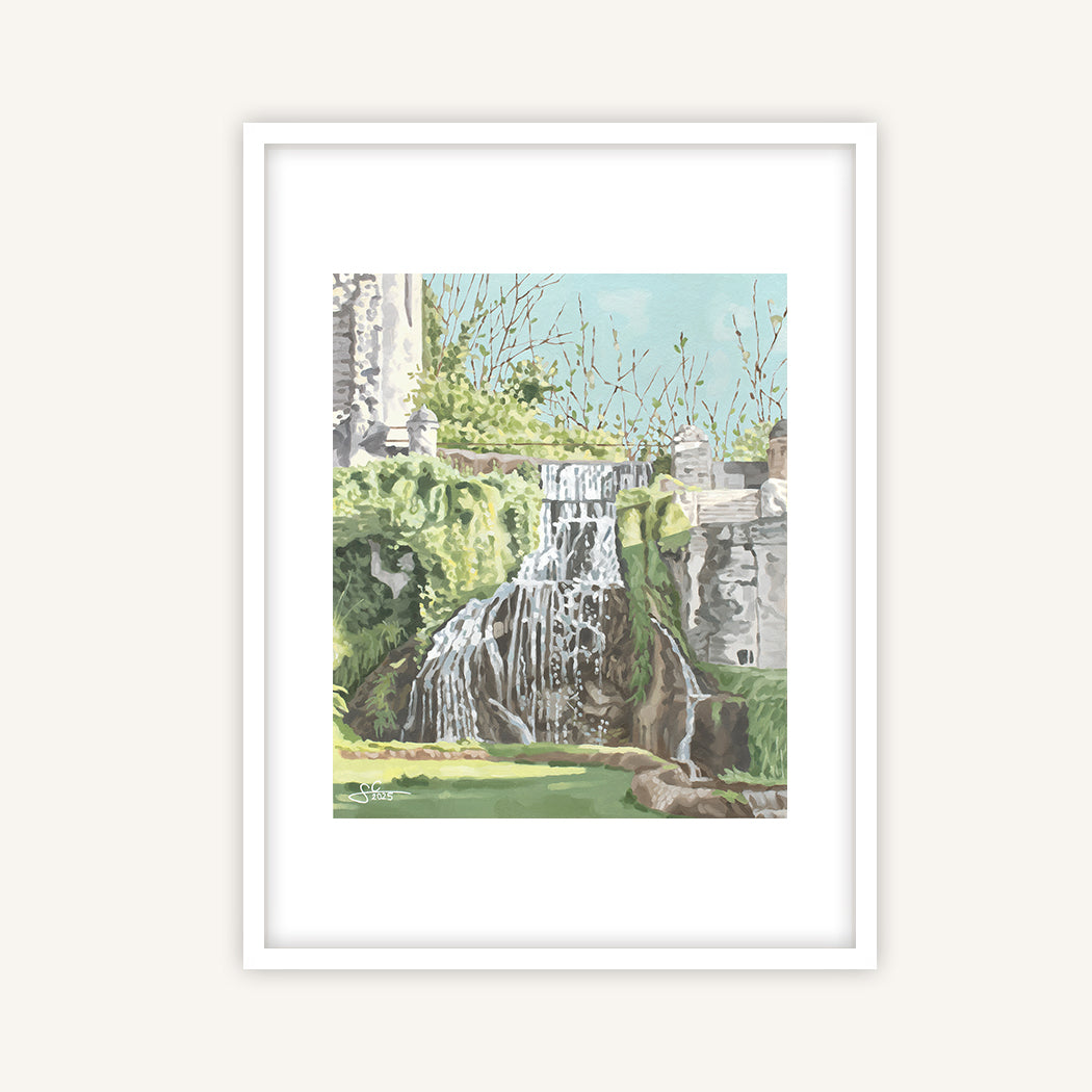 Villa d'Este gardens water cascade surrounded by moss and ferns, fine art print