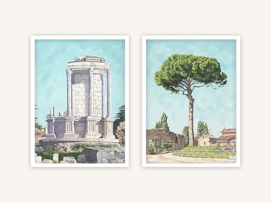 Italienische Kunstdrucke Duo Set, mediterrane Gemälde römische Monumente im Frühling