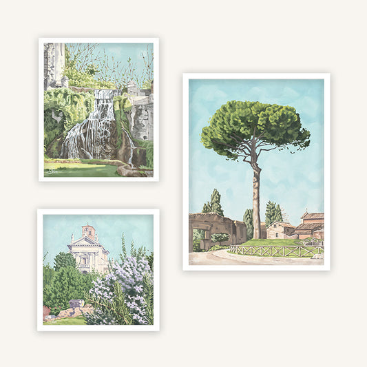 Italienische Kunstdrucke Trio Set, mediterrane Gemälde römische Monumente im Frühling