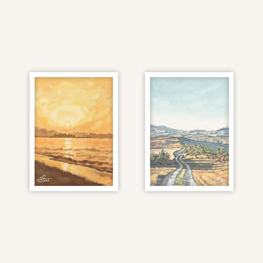 Mediterranean art print bundle, including Crete beach painting and Tuscany hills painting