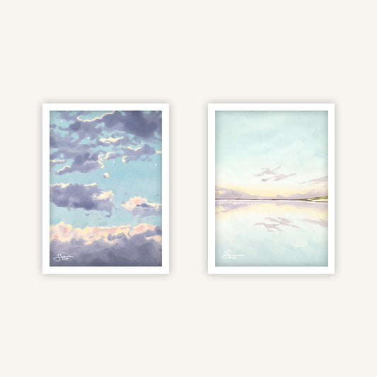 Mediterranean art print bundle, including Florence sky and moon painting and tranquil sea painting