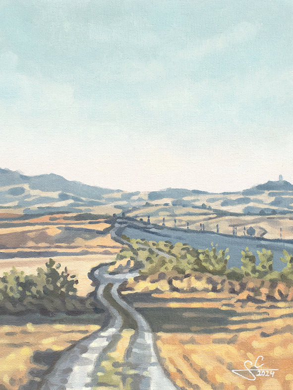 Toskana Hügel bei Sonnenuntergang, Italien Landschaft Kunstdruck, mediterranes Gemälde