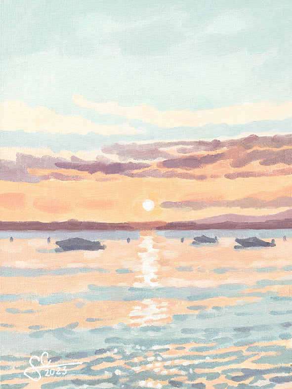 Gardasee Sonnenuntergang Wandbild mit Booten, Italien Poster, mediterranes Gemälde